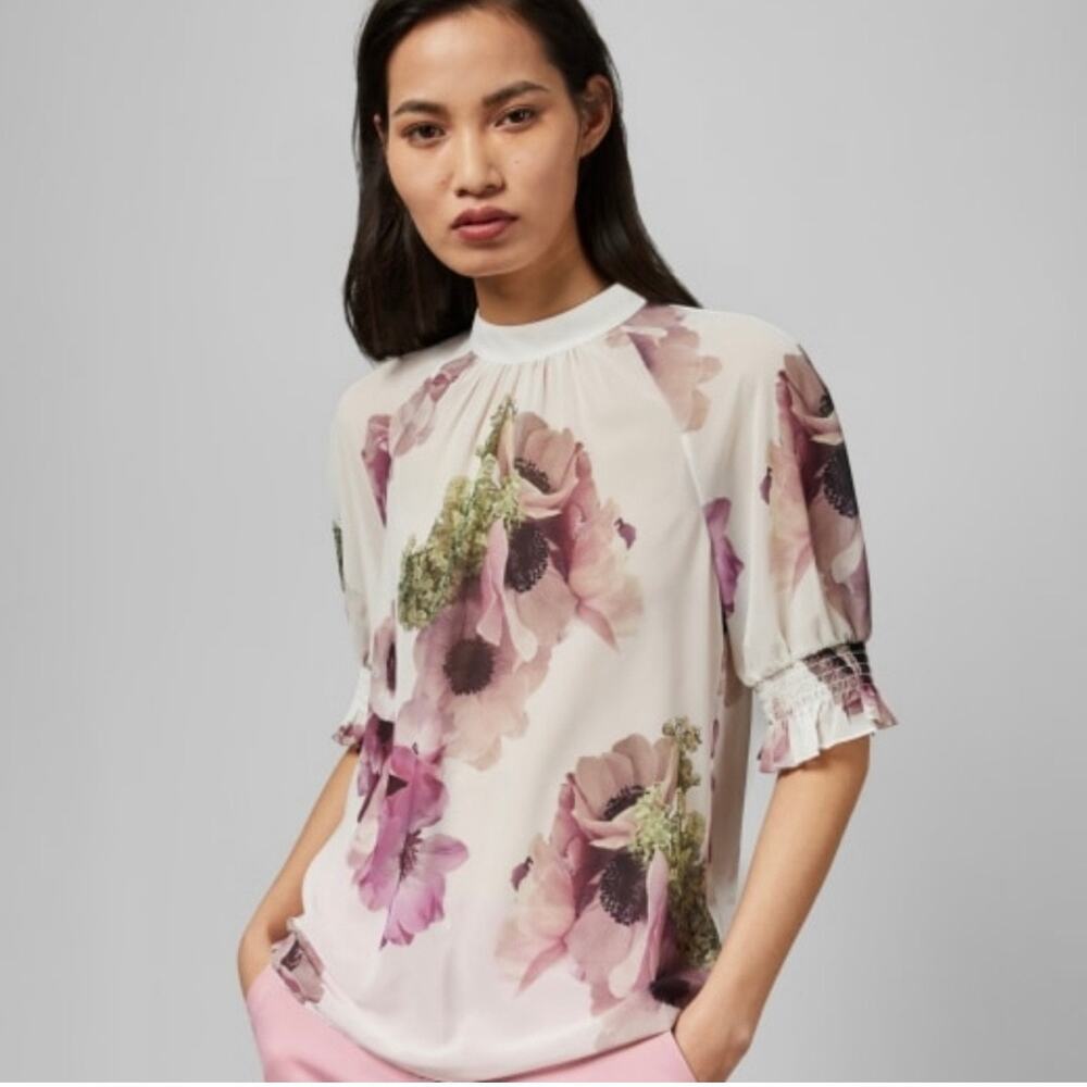 NWT Ted Baker Cayliee Neapolitan Floral Puff Sleeve Blouse Ivory Sz 1 Small